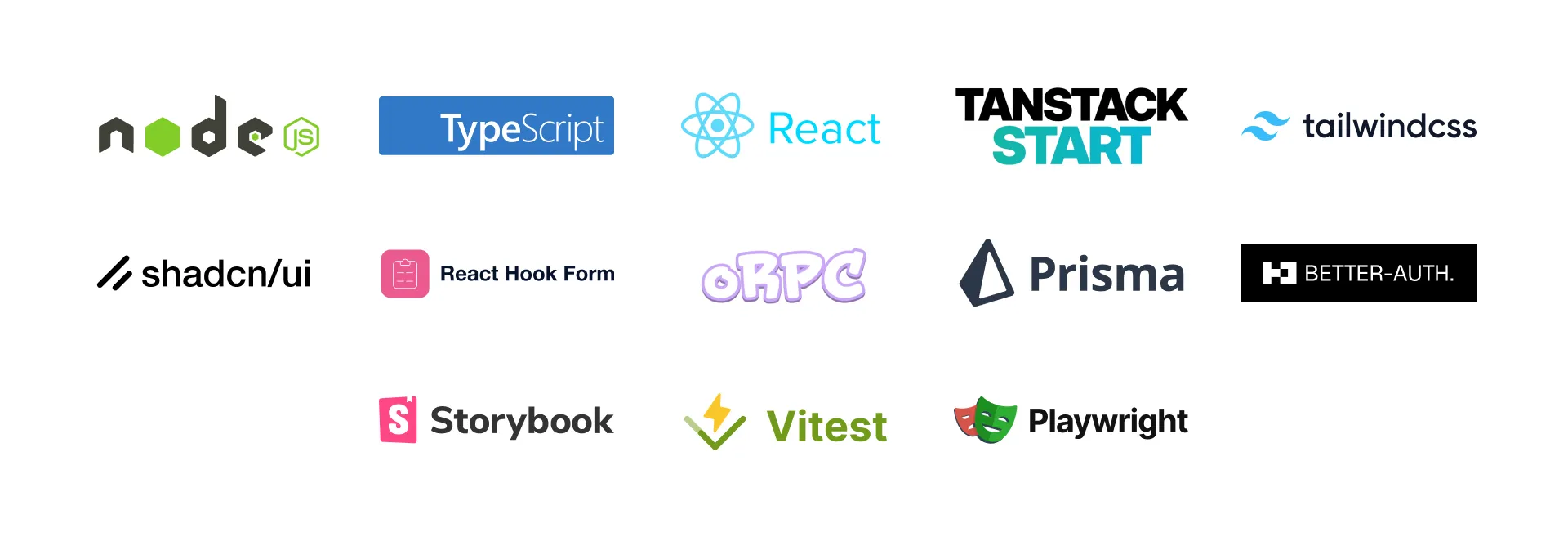 The logos of the tools used in Start-UI: NodeJS, TypeScript, React, Tanstack Start, TailwindCSS, Shadcn/ui, React Hook Form, oRPC, Prisma, Better-Authg, Storybook, Vitest, and Playwright.
